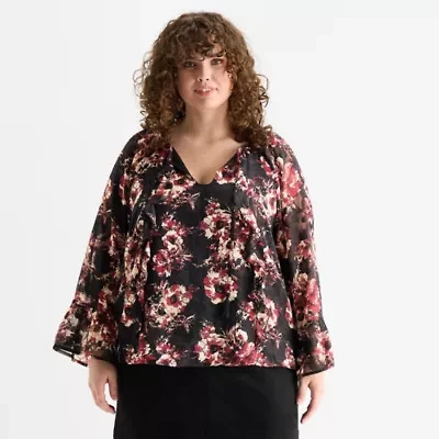 Frye and Co. Womens Plus Split Tie Neck Long Sleeve Blouse