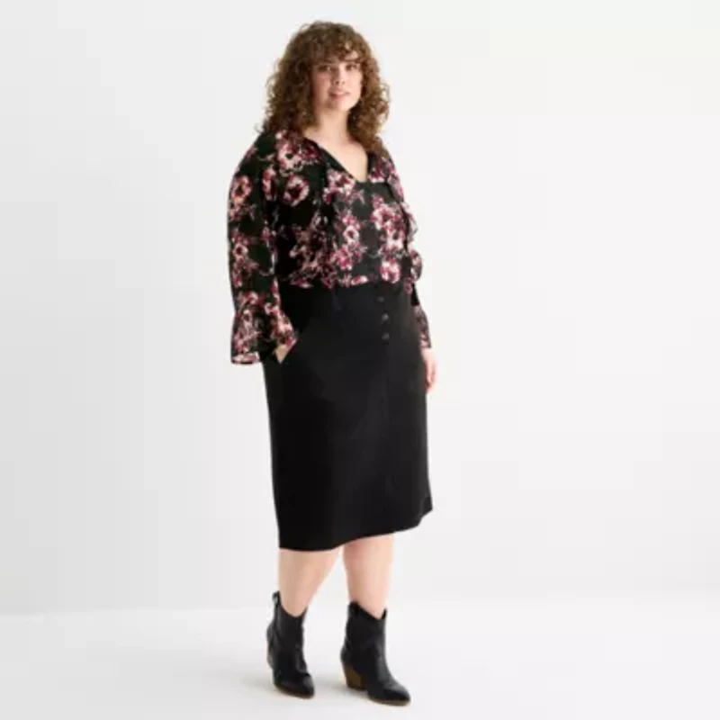 Frye and Co. Womens Plus Split Tie Neck Long Sleeve Blouse