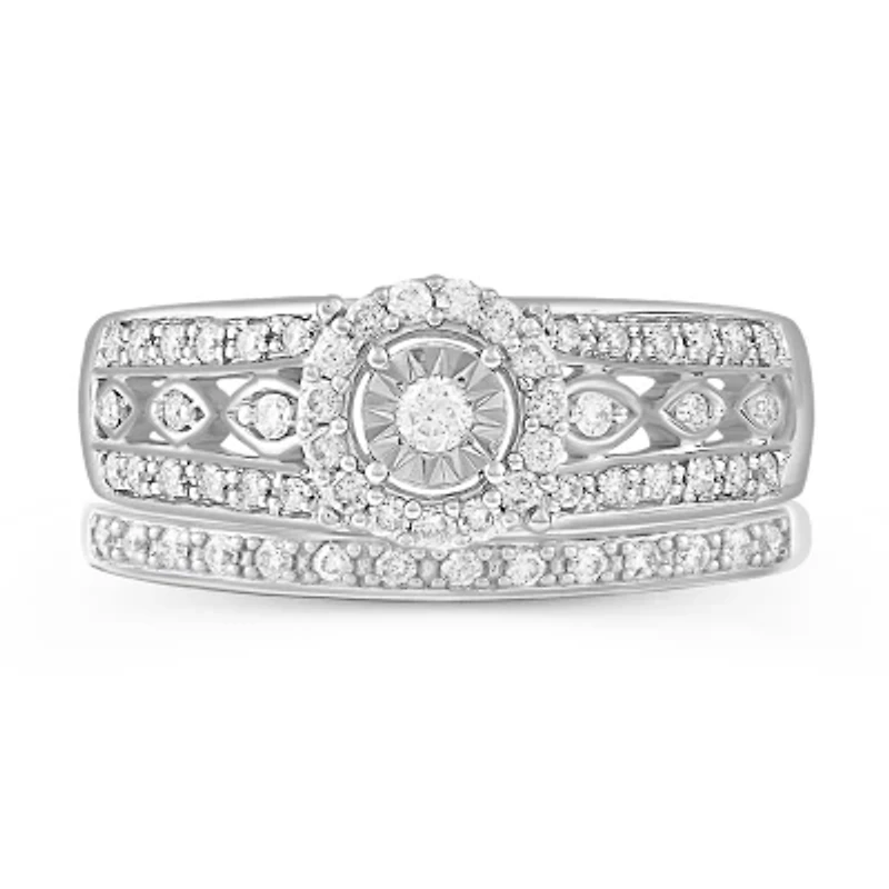 Womens 3/8 CT. T.W. Natural Diamond 10K White Gold Round Side Stone Halo Bridal Set