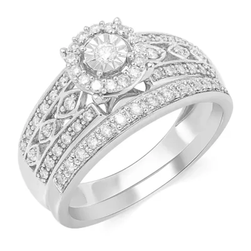 Womens 3/8 CT. T.W. Natural Diamond 10K White Gold Round Side Stone Halo Bridal Set