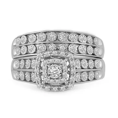 Womens 3/8 CT. T.W. Natural Diamond 10K White Gold Cushion Side Stone Halo Bridal Set