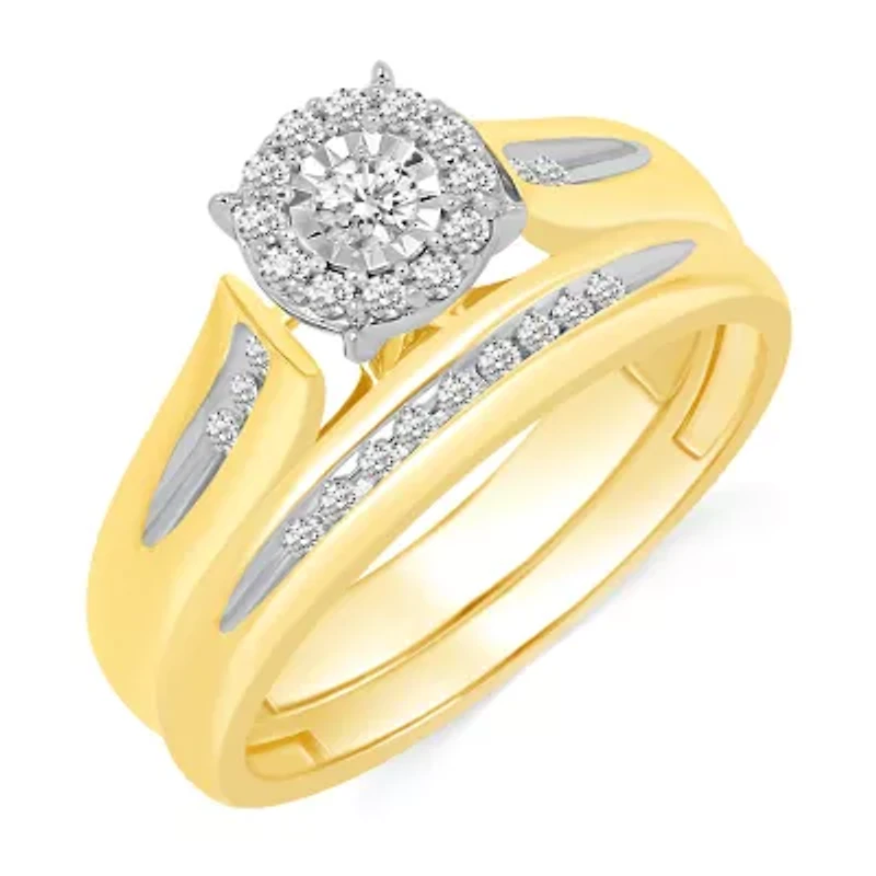 Womens 1/4 CT. T.W. Natural Diamond 10K Gold Round Side Stone Halo Bridal Set