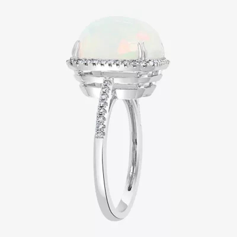 Effy  Womens Diamond Accent Genuine White Opal 14K White Gold Halo Cocktail Ring