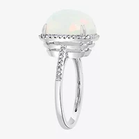 Effy  Womens Diamond Accent Genuine White Opal 14K White Gold Halo Cocktail Ring