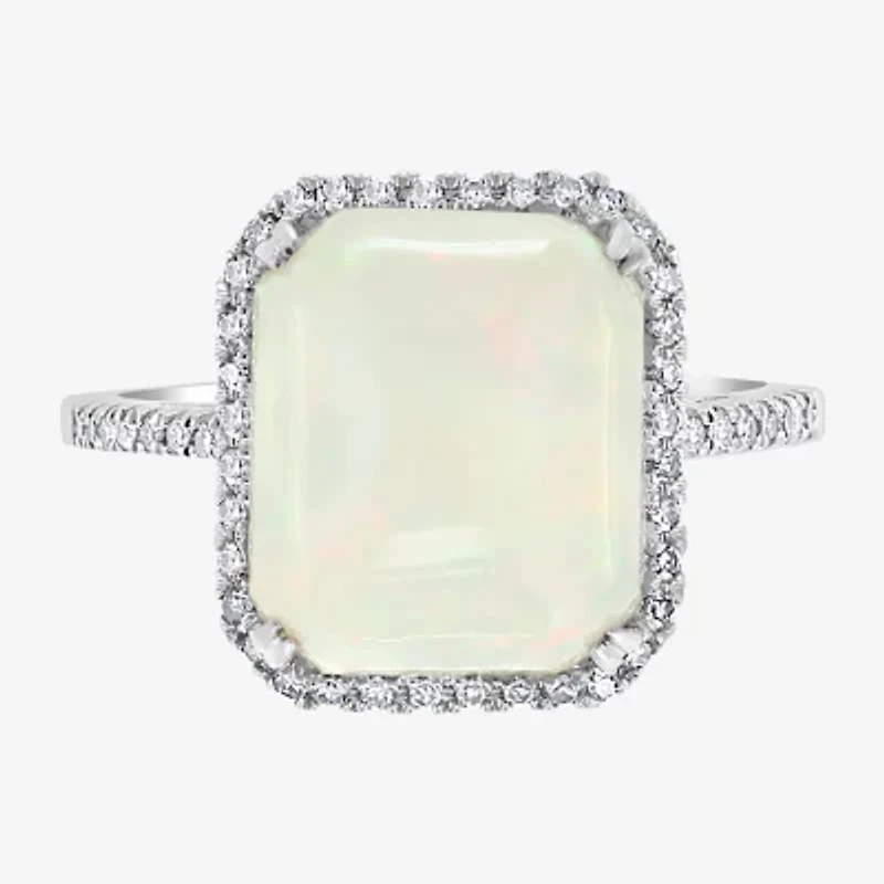 Effy  Womens Diamond Accent Genuine White Opal 14K White Gold Halo Cocktail Ring