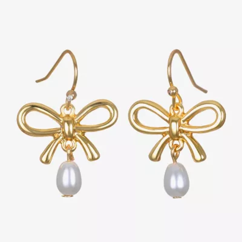 Bijoux Bar Delicates Gold Tone Womens Simulated Pearl Bow Drop Earrings