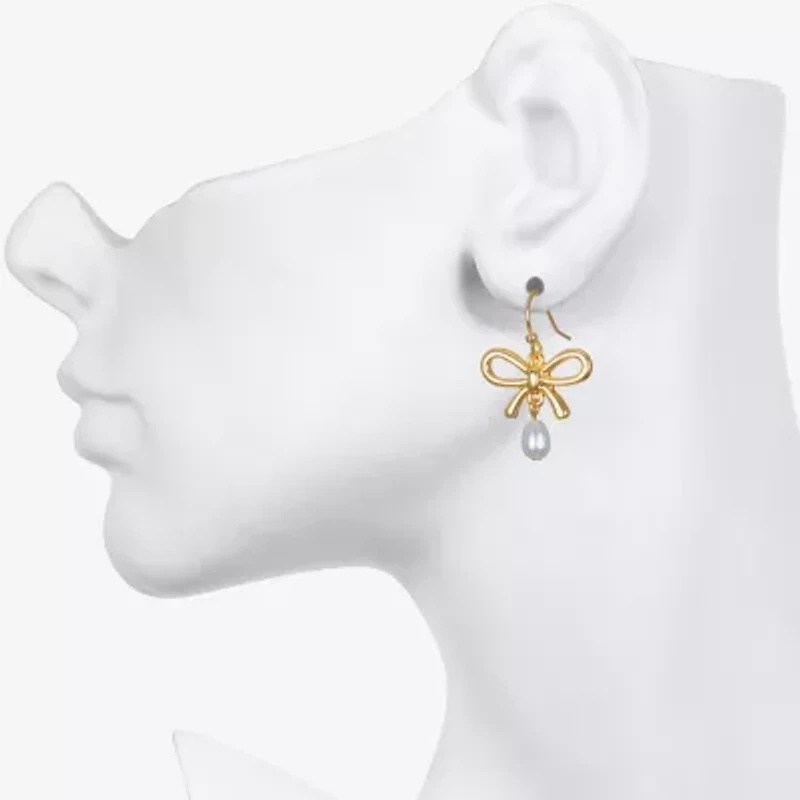 Bijoux Bar Delicates Gold Tone Womens Simulated Pearl Bow Drop Earrings