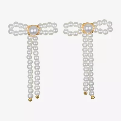 Bijoux Bar Delicates Gold Tone Womens Simulated Pearl Bow Drop Earrings