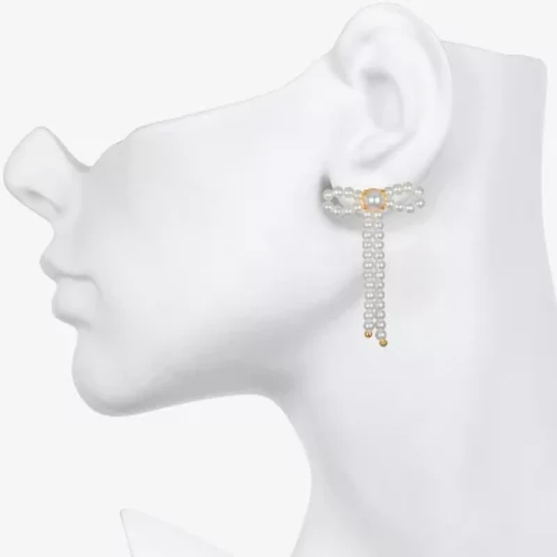Bijoux Bar Delicates Gold Tone Womens Simulated Pearl Bow Drop Earrings