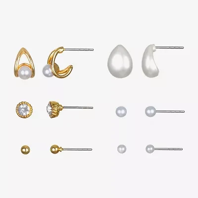Bijoux Bar Delicates Gold Tone Womens Glass Simulated Pearl Round 6 Pair Earring Set