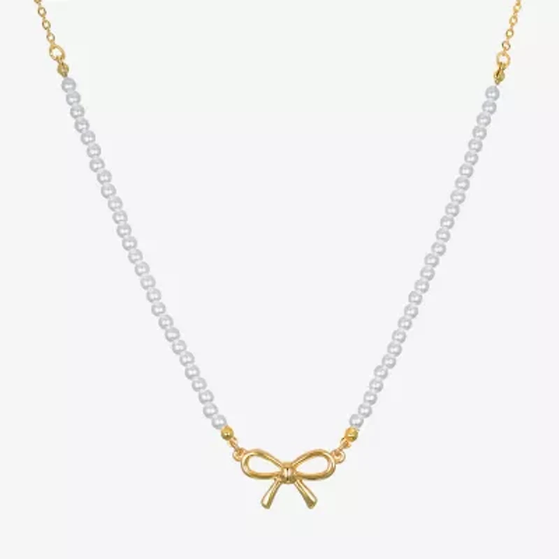 Bijoux Bar Delicates Gold Tone Womens Simulated Pearl Bow 16 Inch Pendant Necklace