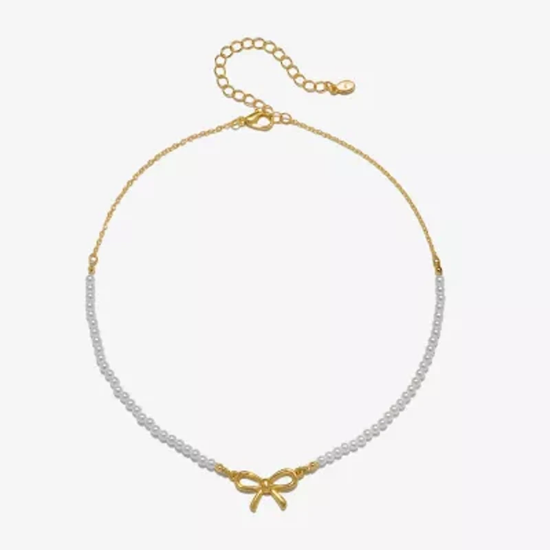 Bijoux Bar Delicates Gold Tone Womens Simulated Pearl Bow 16 Inch Pendant Necklace