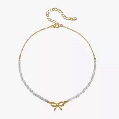 Bijoux Bar Delicates Gold Tone Womens Simulated Pearl Bow 16 Inch Pendant Necklace