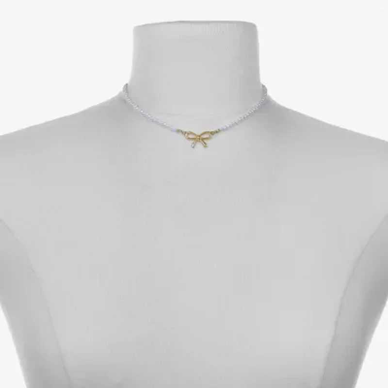 Bijoux Bar Delicates Gold Tone Womens Simulated Pearl Bow 16 Inch Pendant Necklace