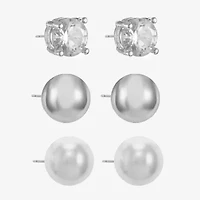 Monet® Simulated Pearl and Crystal Silver-Tone 3 pr. Stud Earring Set