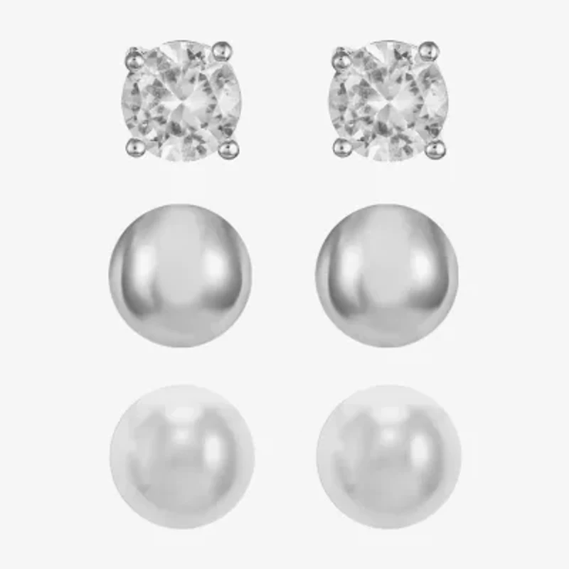 Monet® Simulated Pearl and Crystal Silver-Tone 3 pr. Stud Earring Set