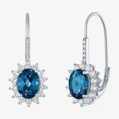 Womens Genuine Blue Topaz Sterling Silver Oval Drop Earrings