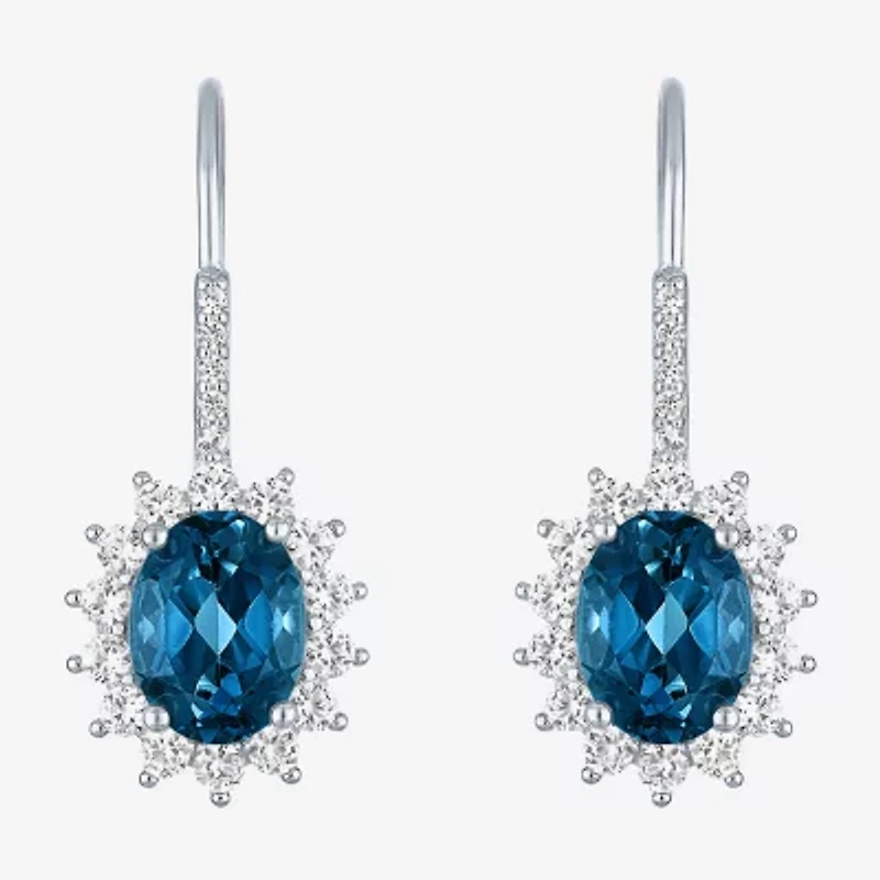 Womens Genuine Blue Topaz Sterling Silver Oval Drop Earrings