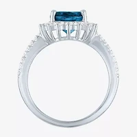 Womens Genuine Blue Topaz Sterling Silver Oval Halo Side Stone Cocktail Ring