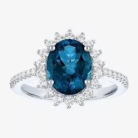 Womens Genuine Blue Topaz Sterling Silver Oval Halo Side Stone Cocktail Ring