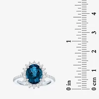 Womens Genuine Blue Topaz Sterling Silver Oval Halo Side Stone Cocktail Ring