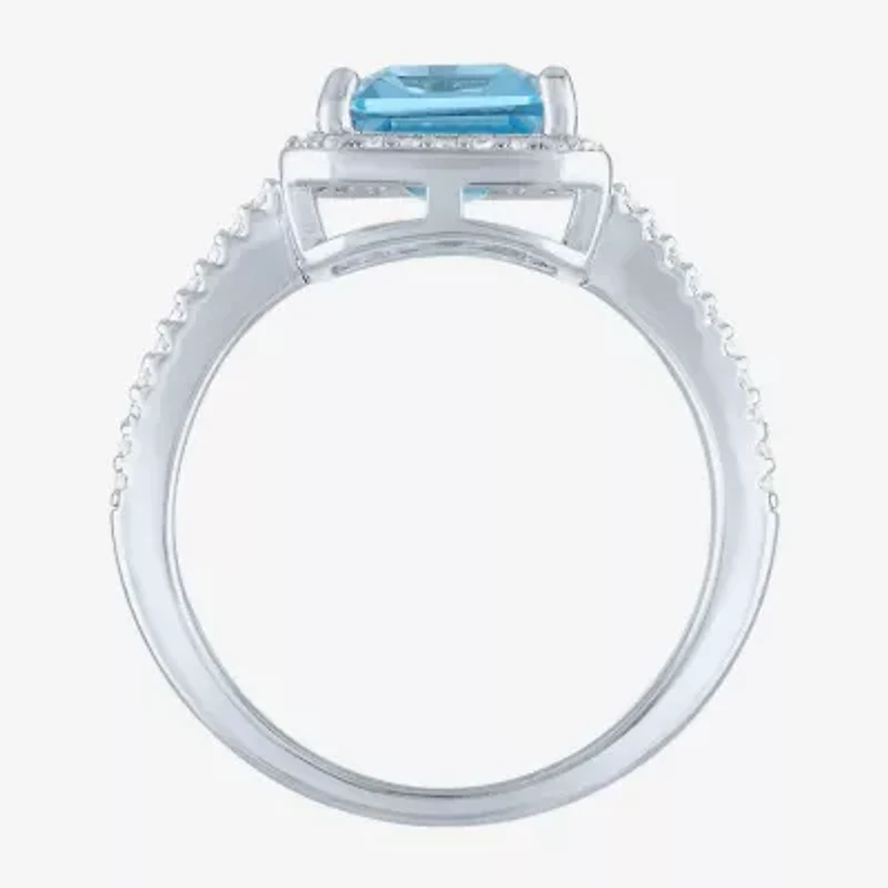 Womens Genuine Blue Topaz Sterling Silver Halo Side Stone Cocktail Ring