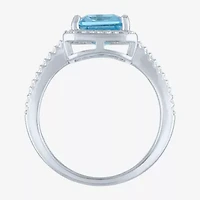 Womens Genuine Blue Topaz Sterling Silver Halo Side Stone Cocktail Ring