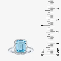 Womens Genuine Blue Topaz Sterling Silver Halo Side Stone Cocktail Ring