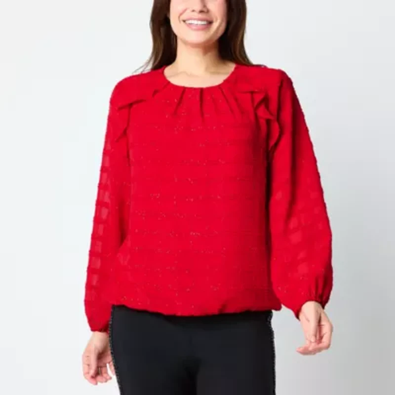 Liz Claiborne Womens Round Neck Long Sleeve Blouse