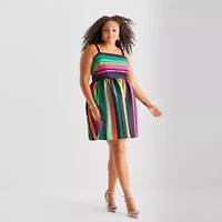 Bob Mackie Womens Plus Sleeveless Striped Fit + Flare Dress