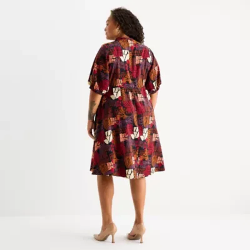 52seven Womens 3/4 Sleeve Floral Midi Plus Fit + Flare Dress