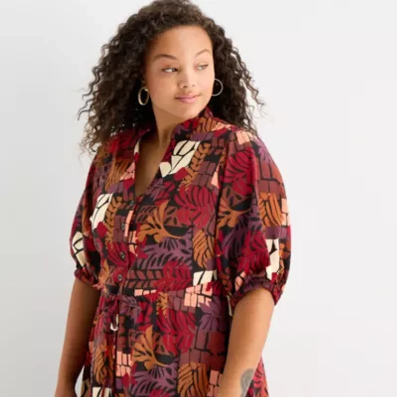 52seven Womens 3/4 Sleeve Floral Midi Plus Fit + Flare Dress