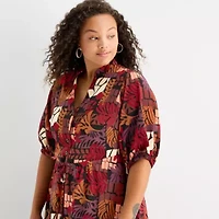 52seven Womens 3/4 Sleeve Floral Midi Plus Fit + Flare Dress