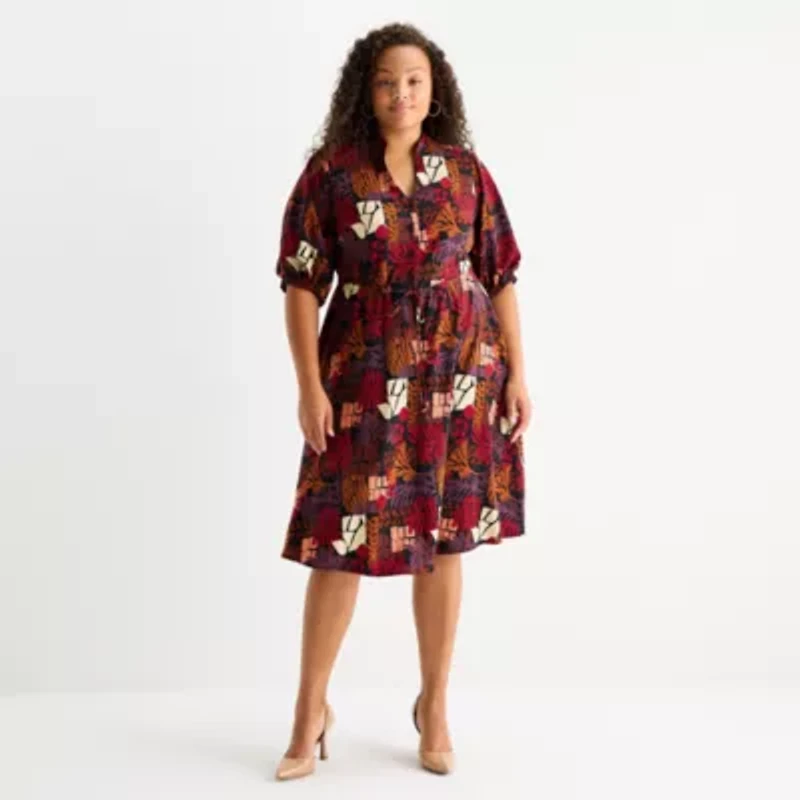 52seven Womens 3/4 Sleeve Floral Midi Plus Fit + Flare Dress