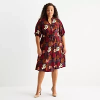 52seven Womens 3/4 Sleeve Floral Midi Plus Fit + Flare Dress
