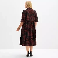 52seven Womens 3/4 Sleeve Midi Floral Plus Shift Dress