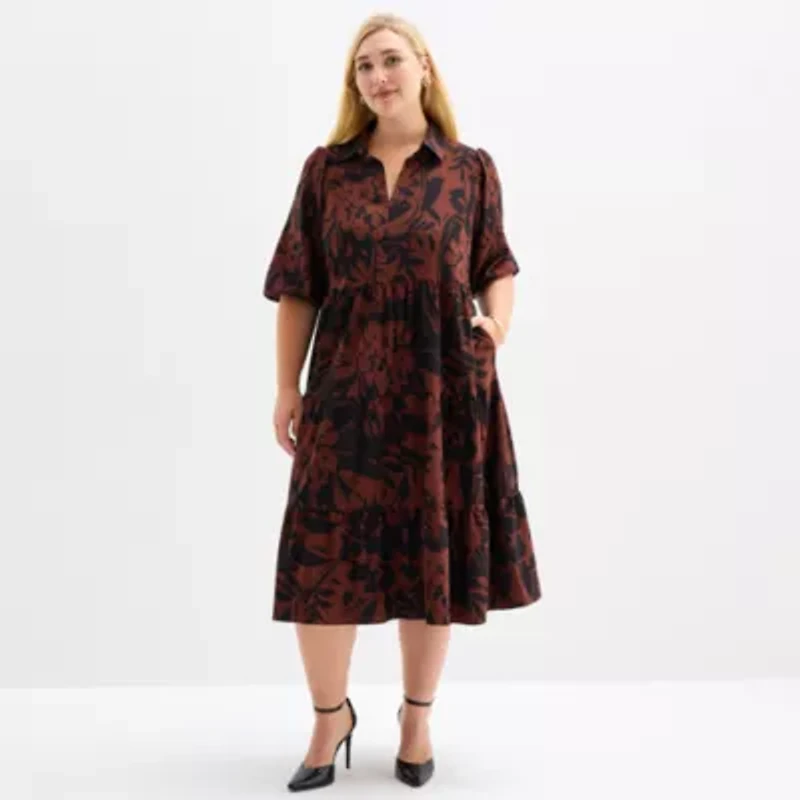 52seven Womens 3/4 Sleeve Midi Floral Plus Shift Dress