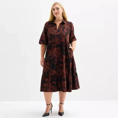 52seven Womens 3/4 Sleeve Midi Floral Plus Shift Dress