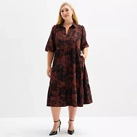 52seven Womens 3/4 Sleeve Midi Floral Plus Shift Dress