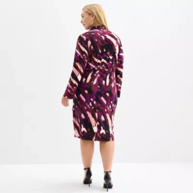 Clover And Sloane Womens Plus Long Sleeve Midi Striped Sheath Dress