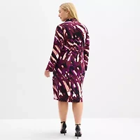 Clover And Sloane Womens Plus Long Sleeve Midi Striped Sheath Dress