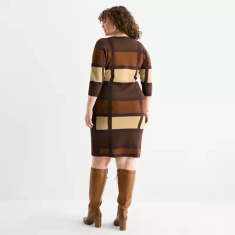 Danny & Nicole Womens Plus 3/4 Sleeve Windowpane Sweater Dress