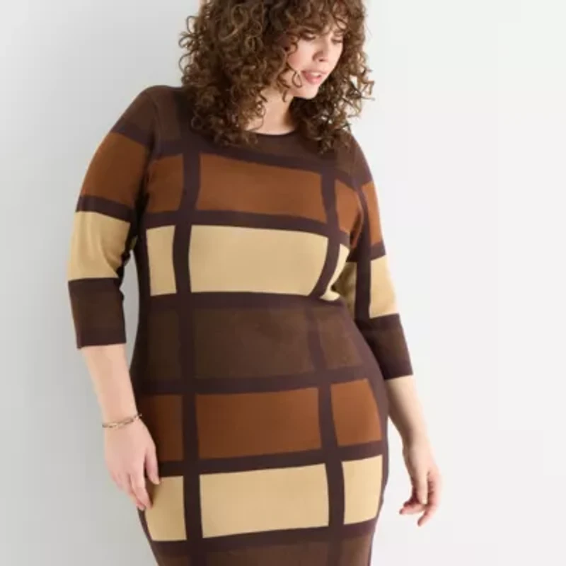 Danny & Nicole Womens Plus 3/4 Sleeve Windowpane Sweater Dress