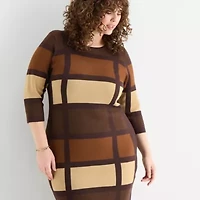 Danny & Nicole Womens Plus 3/4 Sleeve Windowpane Sweater Dress