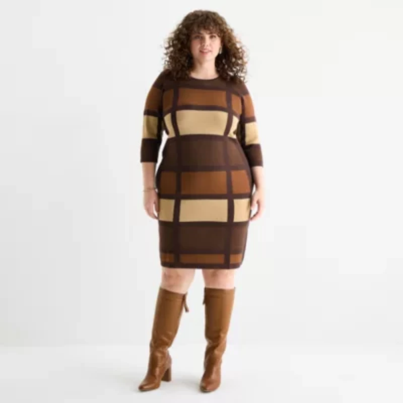 Danny & Nicole Womens Plus 3/4 Sleeve Windowpane Sweater Dress