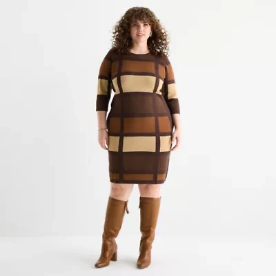 Danny & Nicole Womens Plus 3/4 Sleeve Windowpane Sweater Dress