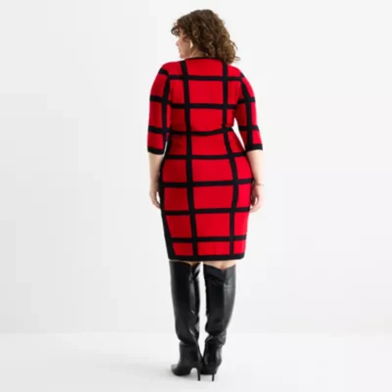 Danny & Nicole Womens Plus 3/4 Sleeve Windowpane Sweater Dress