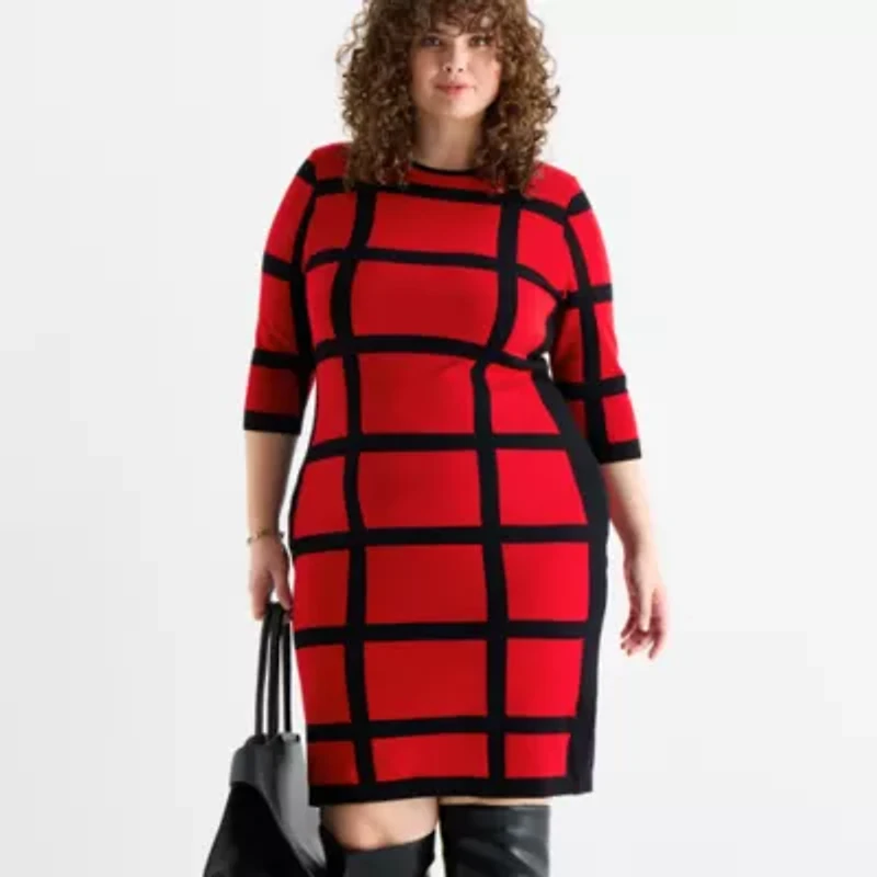 Danny & Nicole Womens Plus 3/4 Sleeve Windowpane Sweater Dress