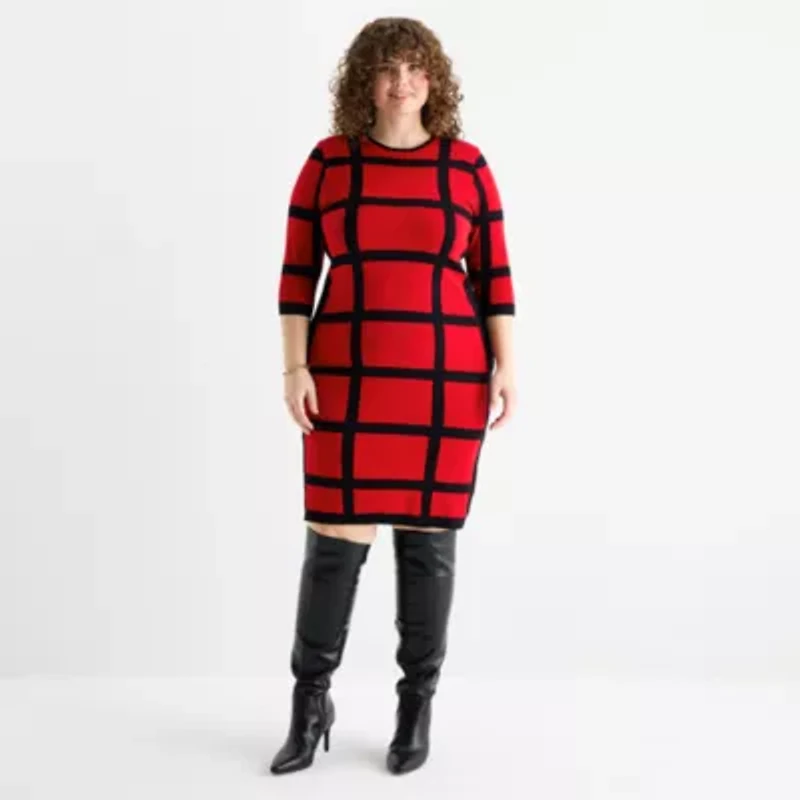 Danny & Nicole Womens Plus 3/4 Sleeve Windowpane Sweater Dress