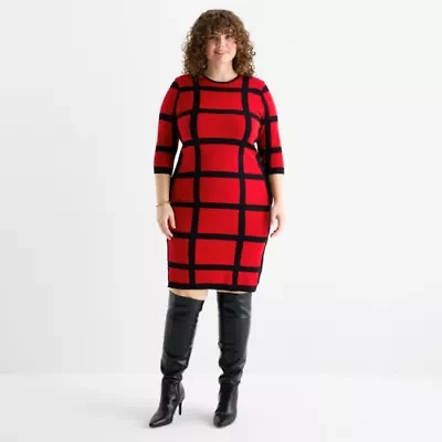 Danny & Nicole Womens Plus 3/4 Sleeve Windowpane Sweater Dress